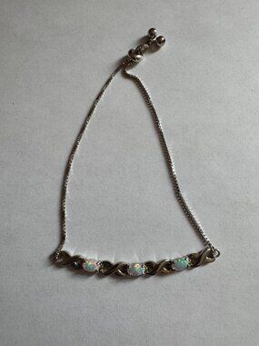 925 Sterling Silver Opal Bracelet Adjustable Bolo Three Stone Infinity